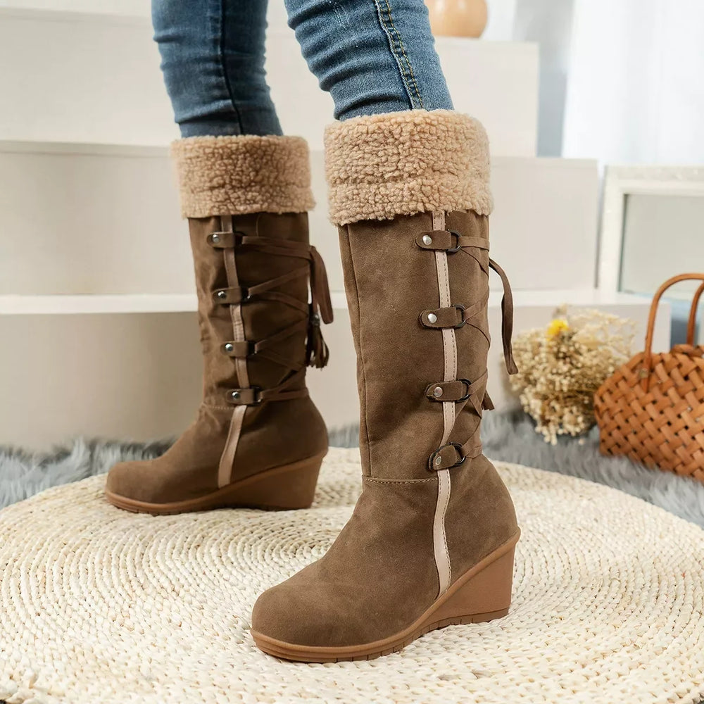Round Toe Wedge Boots - Trendsi - Flyclothing LLC