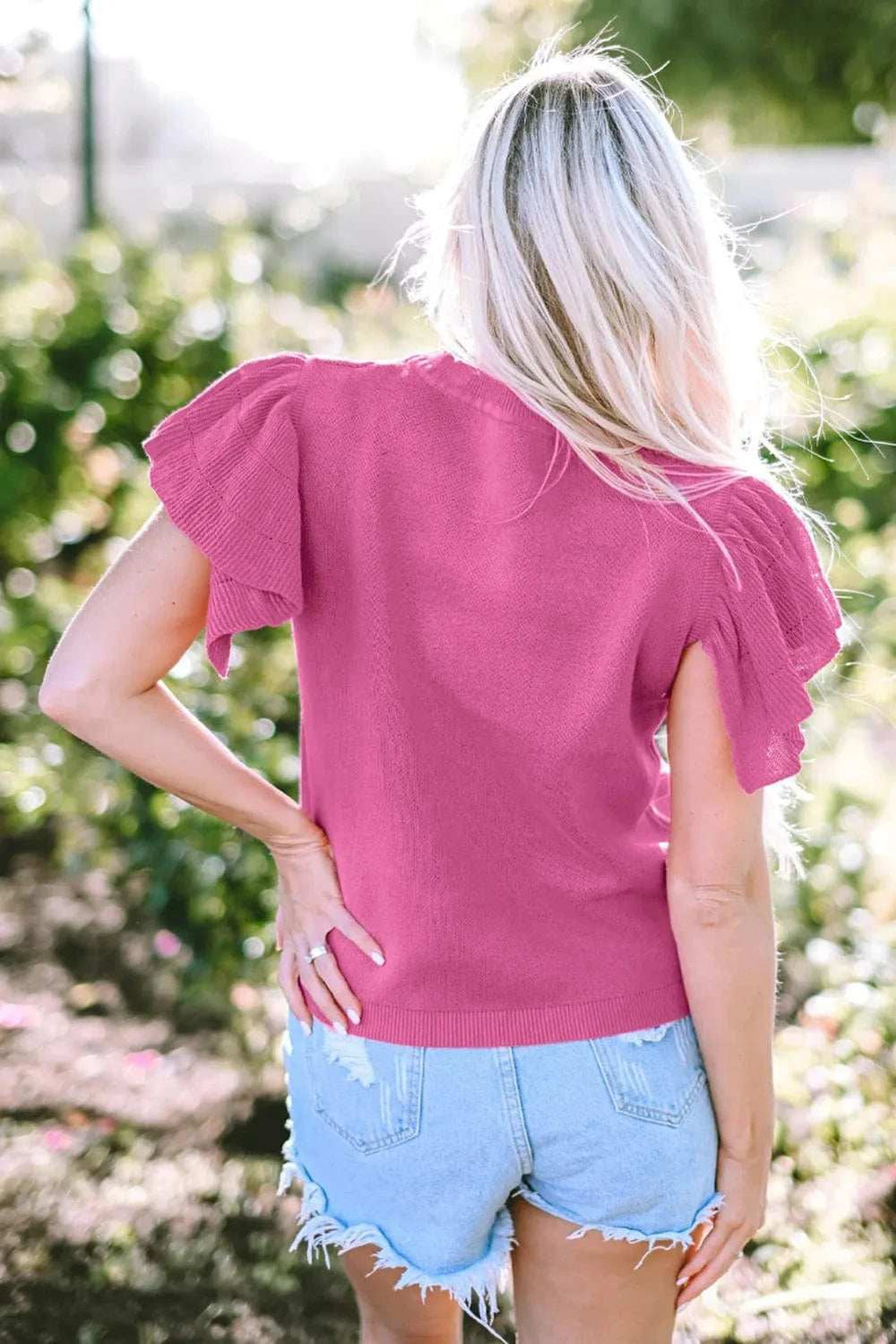 Ruffled Round Neck Cap Sleeve Sweater - Trendsi - Flyclothing LLC