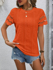 Full Size Eyelet Round Neck Short Sleeve Top - Trendsi