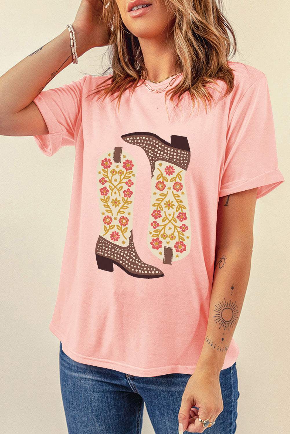 Boot Graphic Round Neck Short Sleeve T-Shirt - Trendsi - Flyclothing LLC