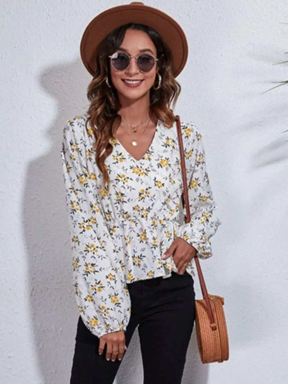 Ruched Printed V-Neck Long Sleeve Blouse - Trendsi - Flyclothing LLC