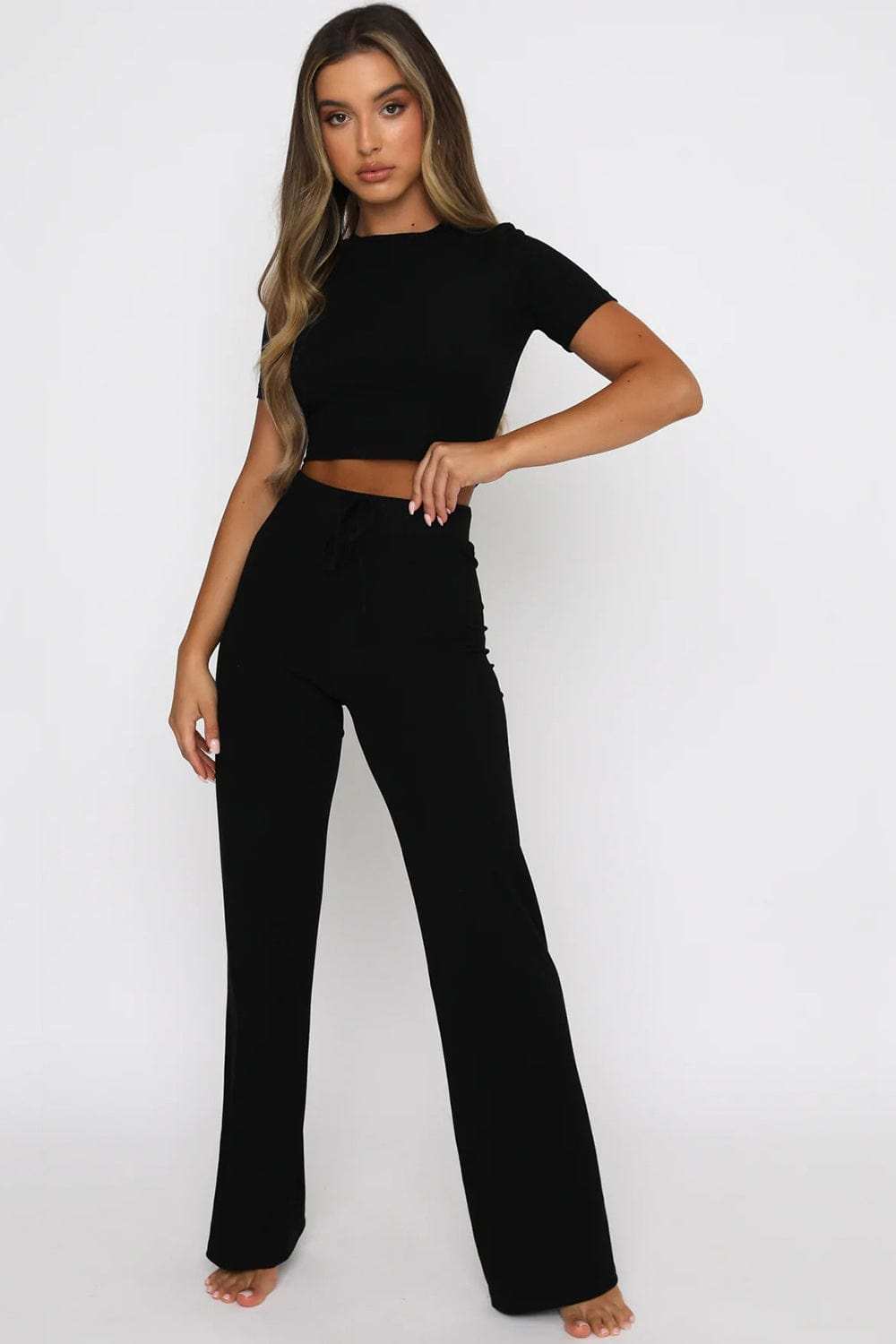Round Neck Short Sleeve Top and Pants Set - Trendsi - Flyclothing LLC