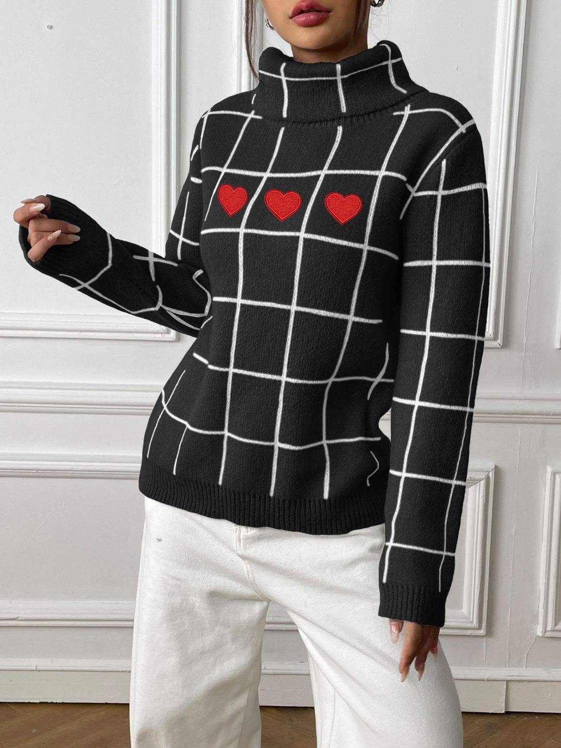 Heart Plaid Turtleneck Long Sleeve Sweater - Trendsi - Flyclothing LLC