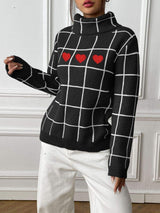 Heart Plaid Turtleneck Long Sleeve Sweater - Trendsi - Flyclothing LLC