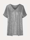 Full Size Sequin V-Neck Short Sleeve Top - Trendsi - Flyclothing LLC