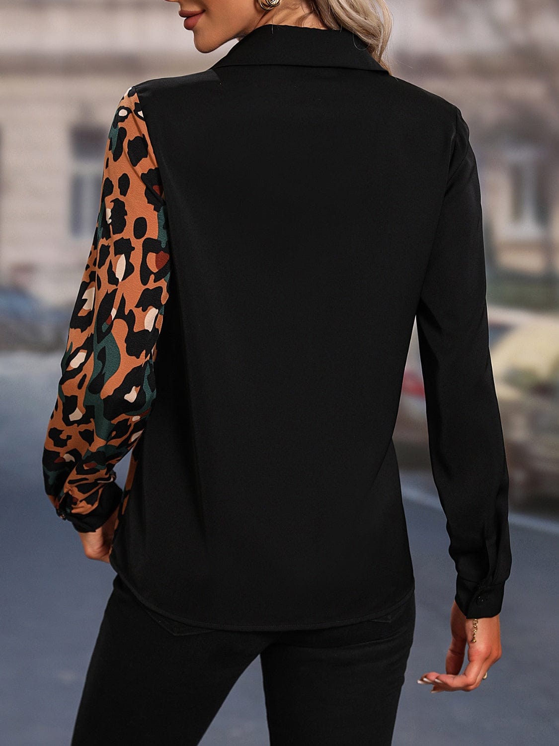 Honey Leopard Long Sleeve Blouse - Trendsi