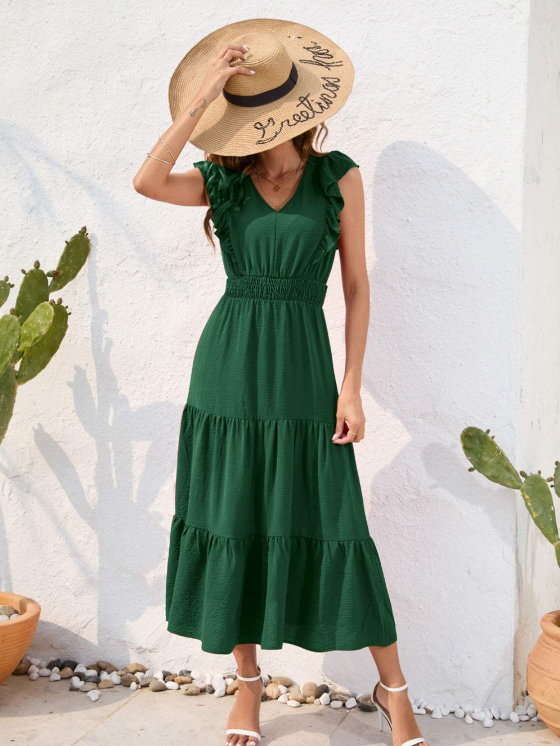 Tiered Ruffled V-Neck Cap Sleeve Dress - Trendsi - Flyclothing LLC
