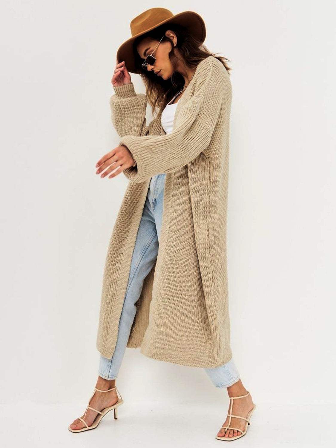Open Front Long Sleeve Longline Cardigan - Trendsi - Flyclothing LLC