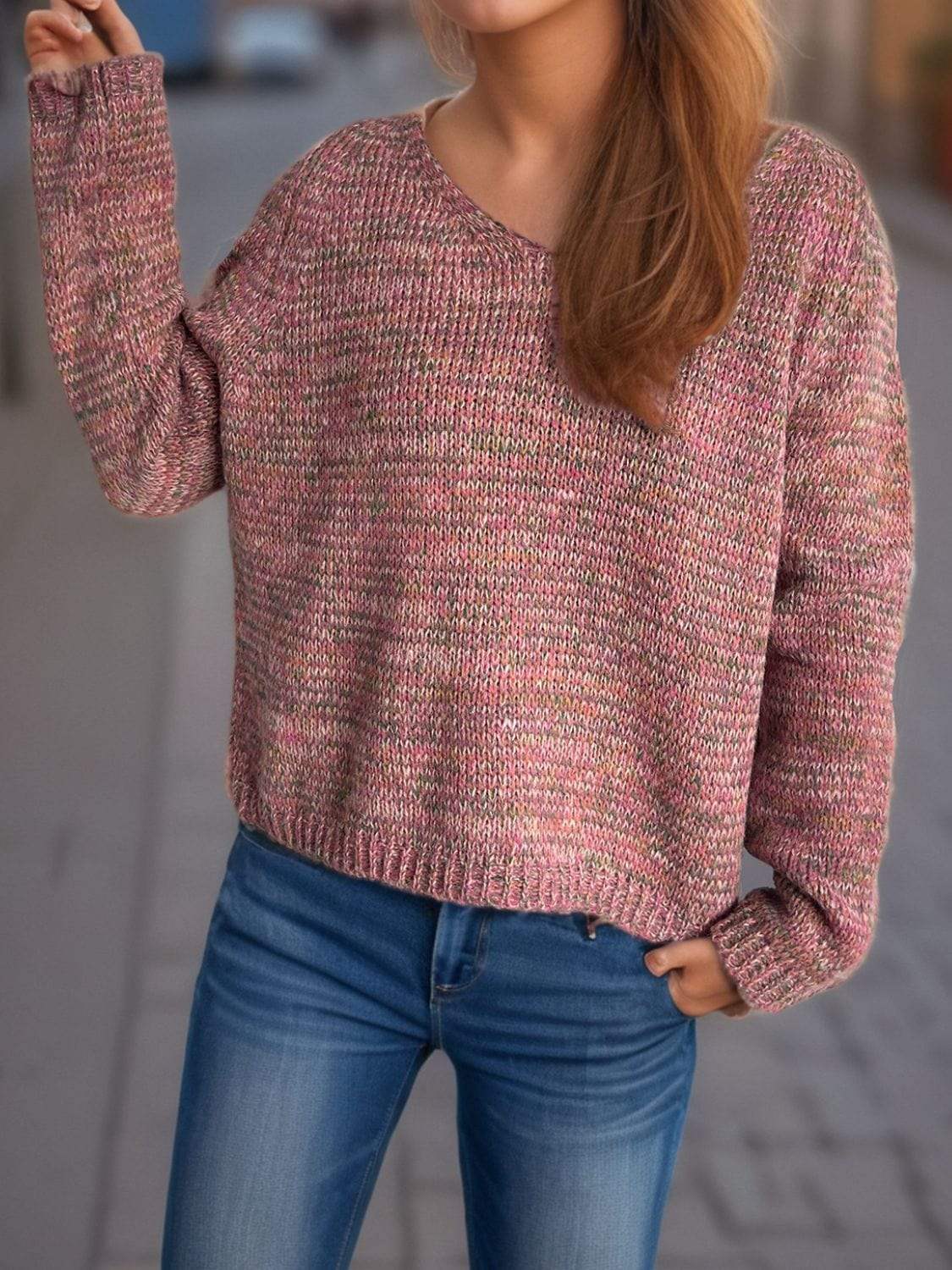 Heathered V-Neck Long Sleeve Sweater - Trendsi - Flyclothing LLC