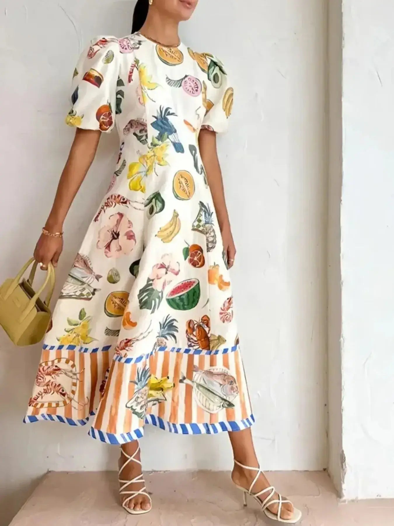 Printed Round Neck Puff Sleeve Dress - Trendsi - Flyclothing LLC