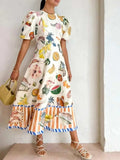 Printed Round Neck Puff Sleeve Dress - Trendsi