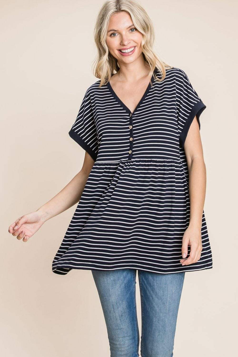 Cotton Bleu by Nu Label Striped Button Front Baby Doll Top - Trendsi - Flyclothing LLC