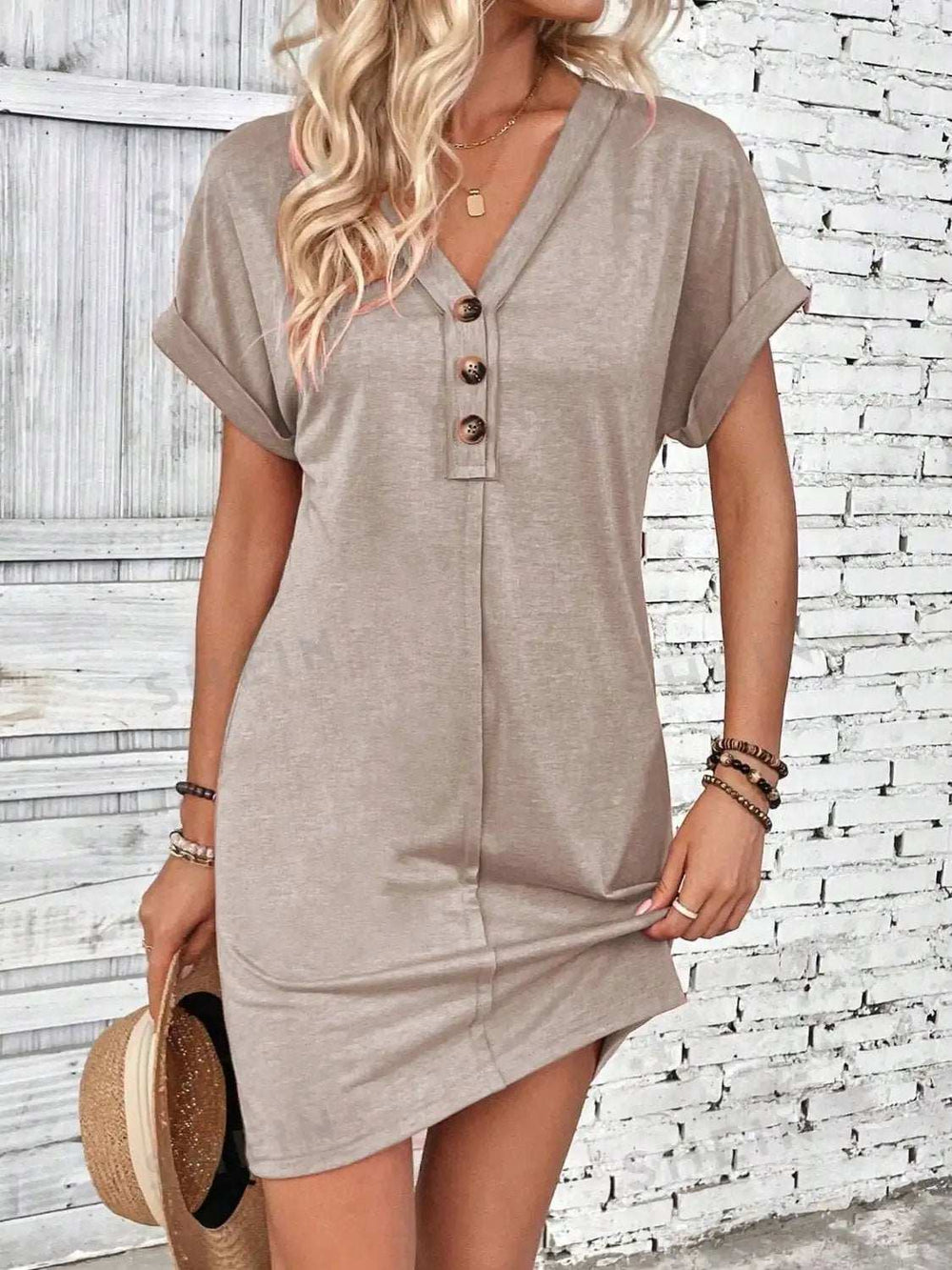 Quarter Button V-Neck Short Sleeve Dress - Trendsi - Flyclothing LLC