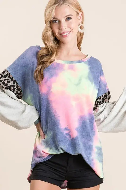BiBi Tie Dye Terry Top with Contrast Puff Sleeves - Trendsi - Flyclothing LLC