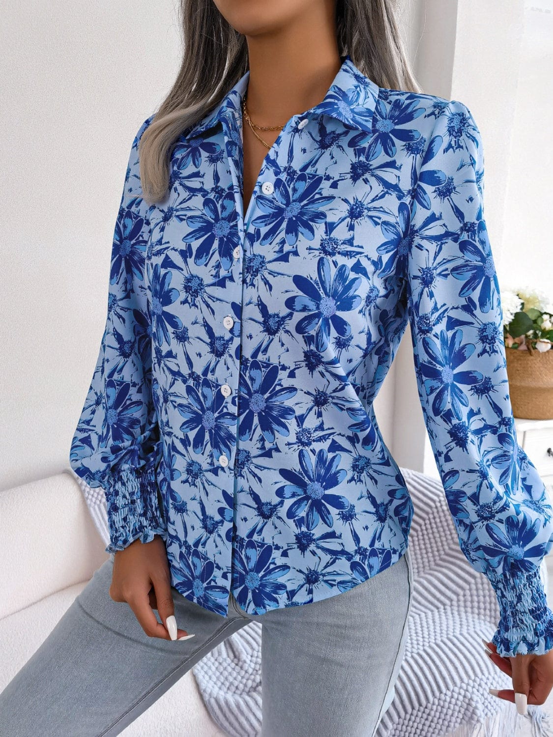 Floral Collared Neck Long Sleeve Shirt - Trendsi