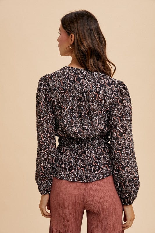 Annie Wear Abstract Print Balloon Sleeve Peplum Blouse - Trendsi