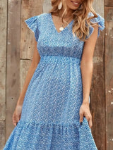 Printed V-Neck Ruffled Cap Sleeve Maxi Dress - Trendsi - Flyclothing LLC