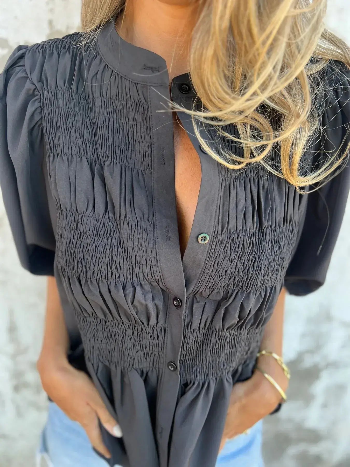 Full Size Smocked Puff Sleeve Blouse Plus Size - Trendsi - Flyclothing LLC