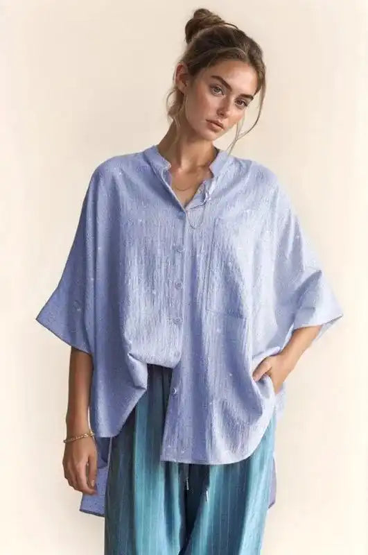 Davi & Dani Rhinestone Pleat Back Short Sleeve Loose Fit Shirt - Trendsi