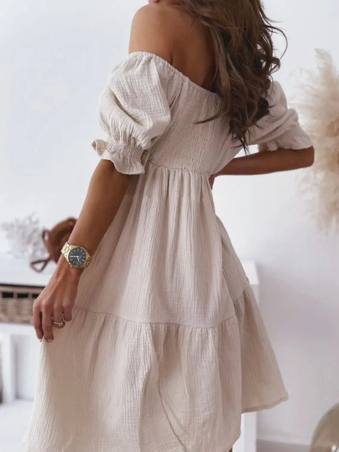 Smocked Off-Shoulder Mini Dress - Trendsi - Flyclothing LLC