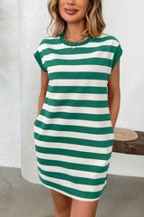 Contrast Striped Round Neck Short Sleeve Mini Dress - Trendsi