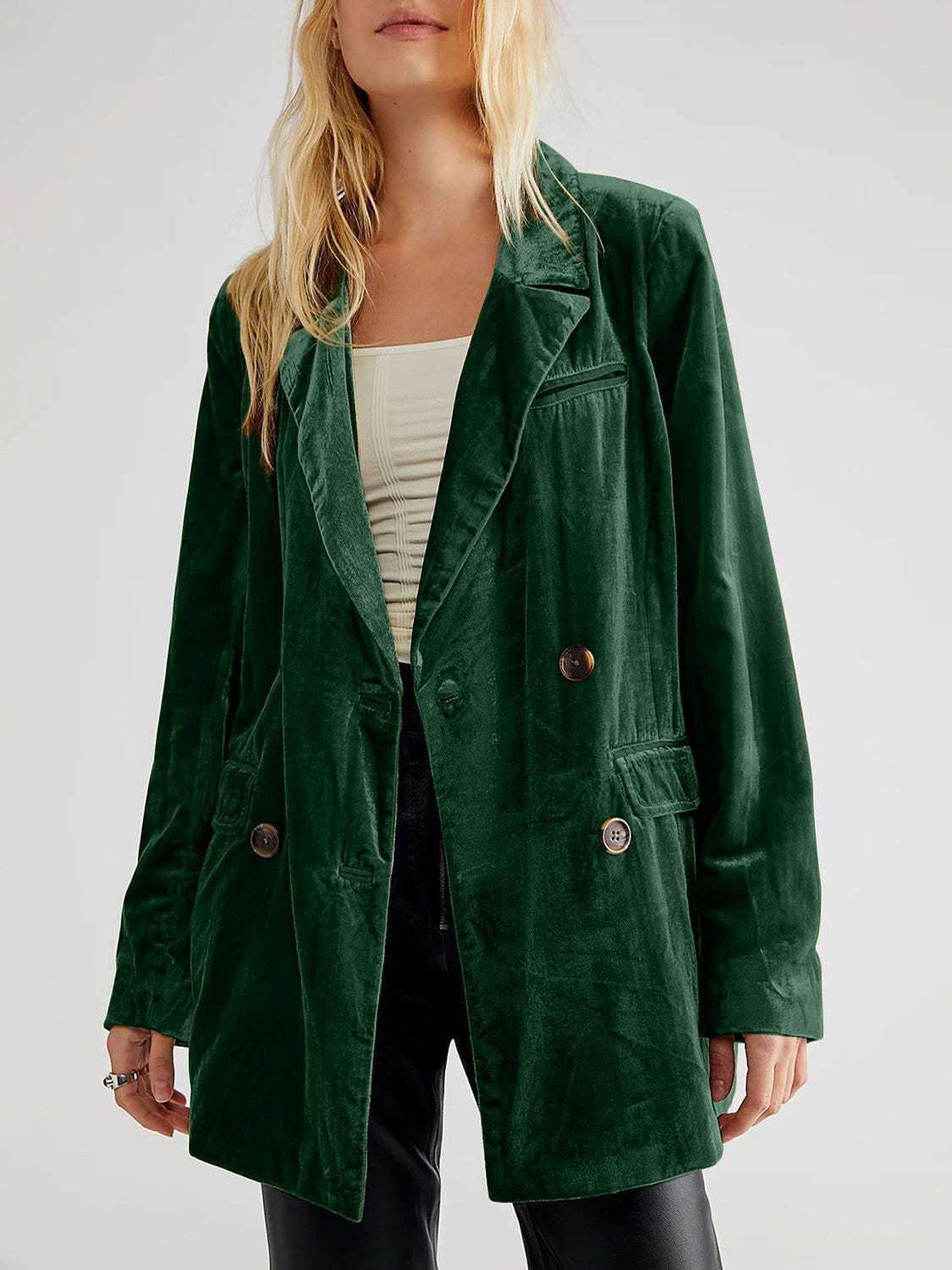 Lapel Collar Long Sleeve Blazer with Pockets - Trendsi - Flyclothing LLC