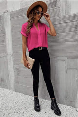 Full Size Notched Short Sleeve Blouse - Trendsi - Flyclothing LLC