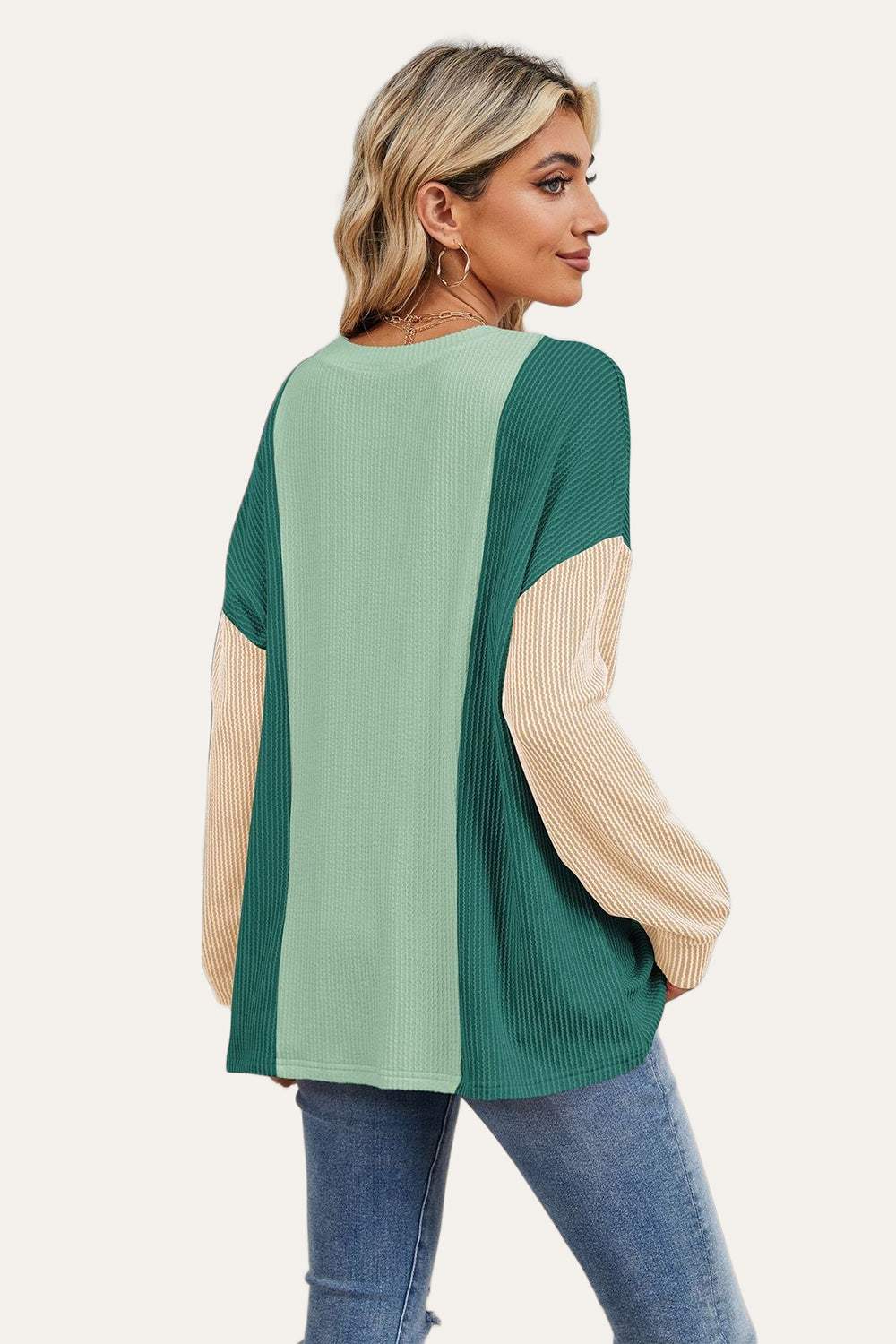 Double Take Texture Contrast Round Neck Long Sleeve T-Shirt - Trendsi - Flyclothing LLC