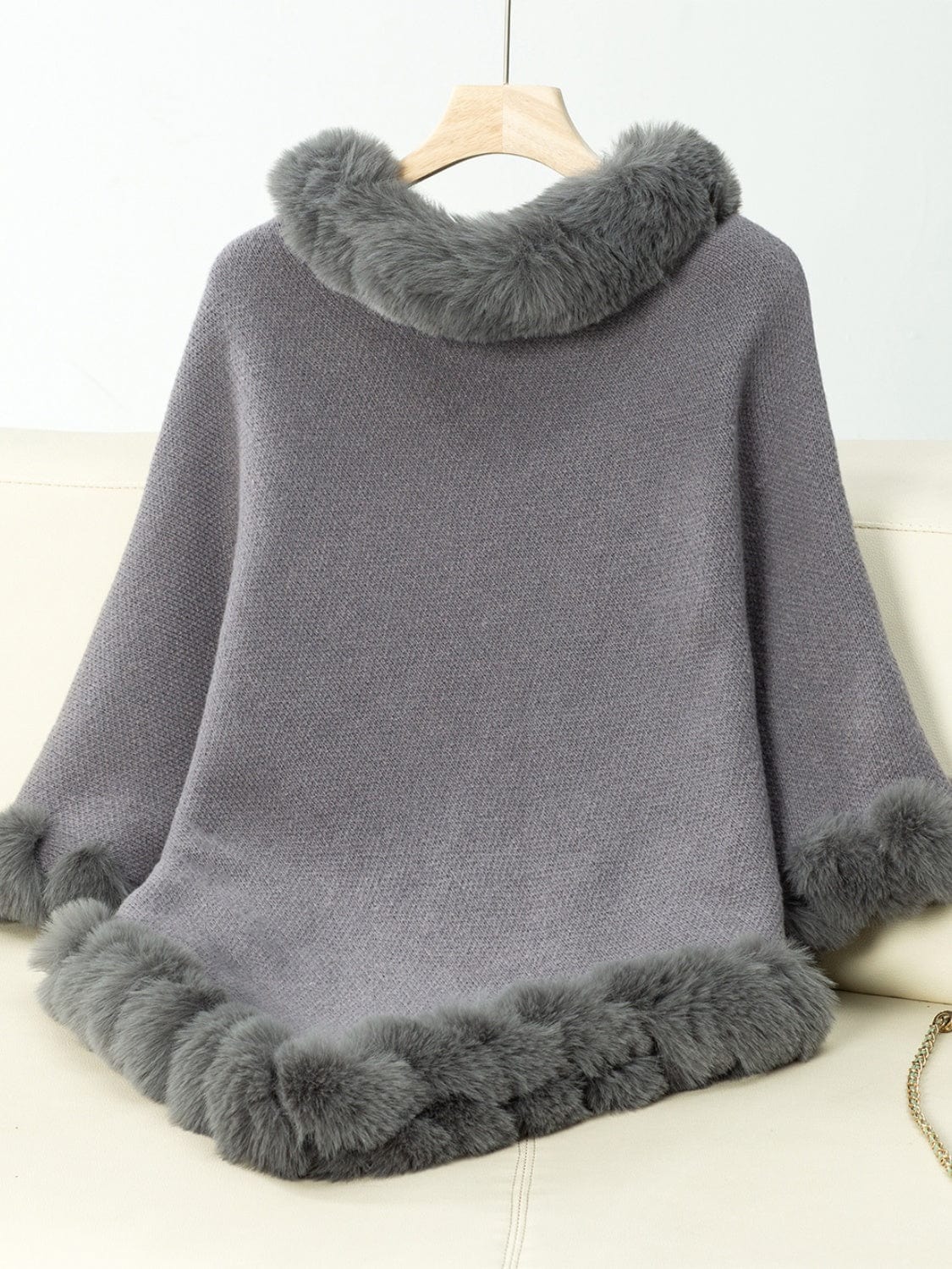 Fuzzy Trim Texture Three-Quarter Sleeve Poncho - Trendsi
