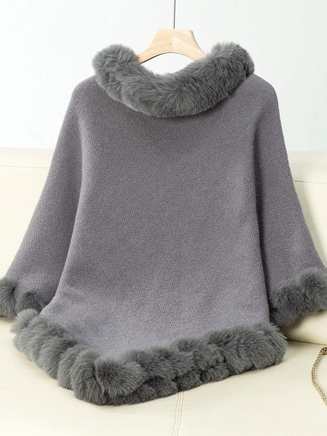 Fuzzy Trim Texture Three-Quarter Sleeve Poncho - Trendsi - Flyclothing LLC