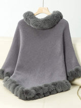 Fuzzy Trim Texture Three-Quarter Sleeve Poncho - Trendsi - Flyclothing LLC