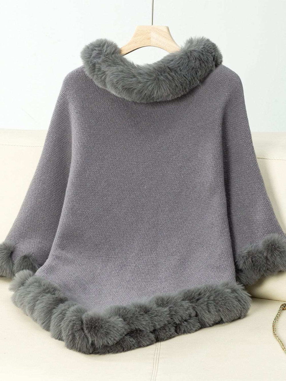 Fuzzy Trim Texture Three-Quarter Sleeve Poncho - Trendsi - Flyclothing LLC