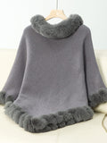 Fuzzy Trim Texture Three-Quarter Sleeve Poncho - Trendsi