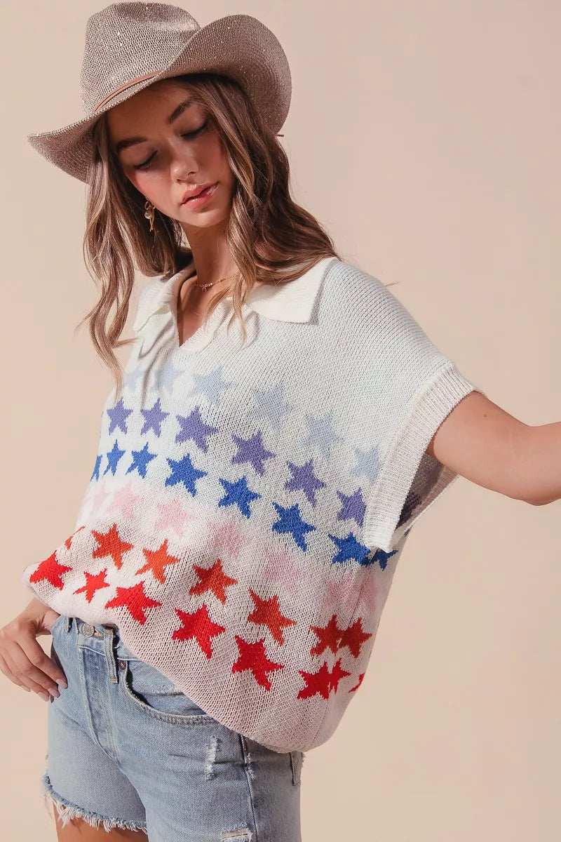 SO ME Fourth Of July Stars Loose Fit Knit Top - Trendsi - Flyclothing LLC