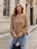 Round Neck Dropped Shoulder Long Sleeve Sweater - Trendsi - Flyclothing LLC
