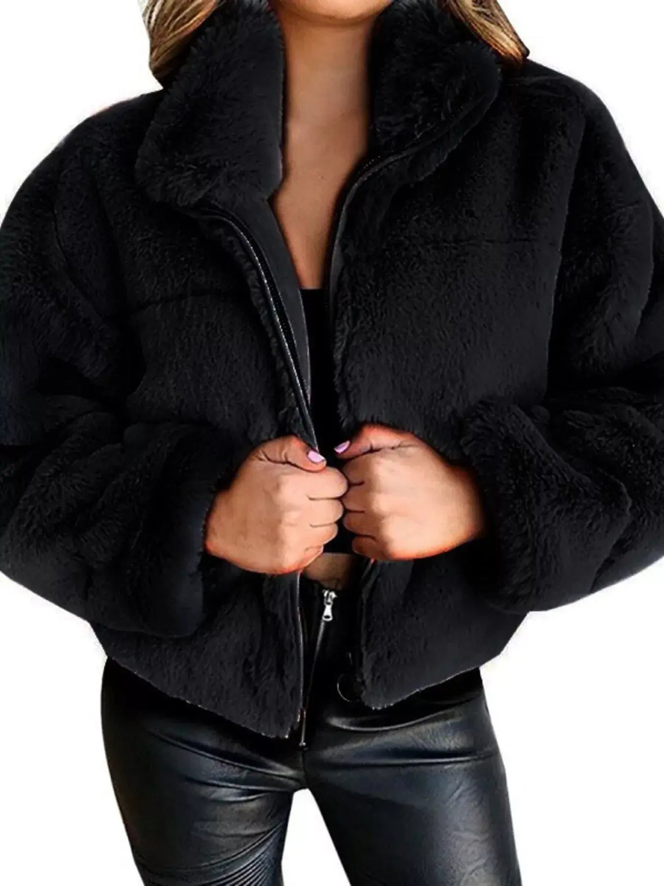 Full Size Faux Fur Cropped Zip-Up Jacket Plus Size - Trendsi - Flyclothing LLC