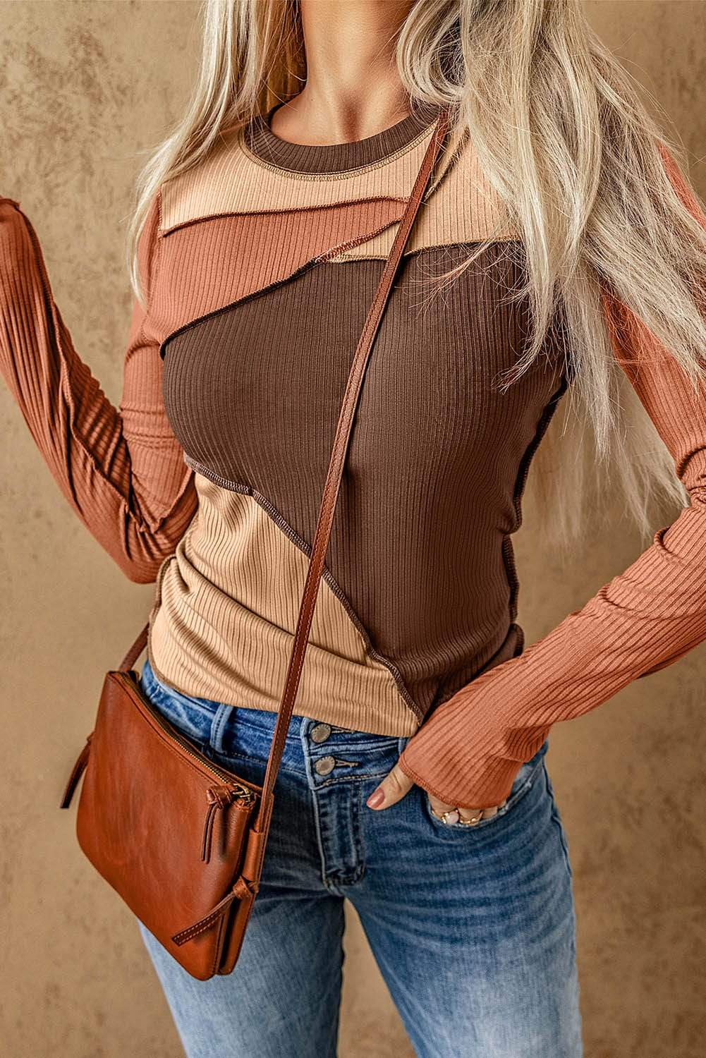Exposed Seam Contrast Round Neck Long Sleeve T-Shirt - Trendsi - Flyclothing LLC
