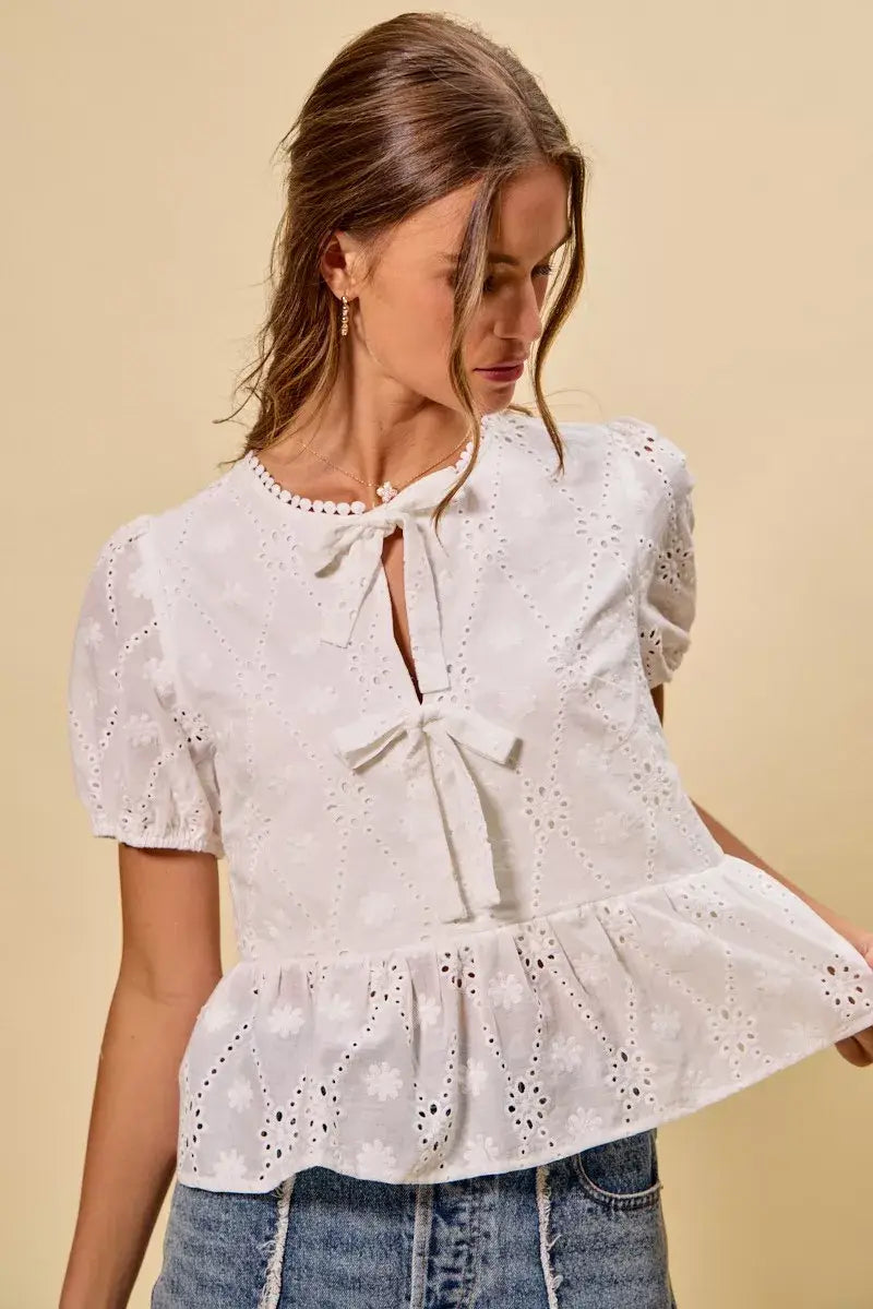 SO ME Cotton Eyelet Front Tie Short Sleeves Blouse - Trendsi - Flyclothing LLC
