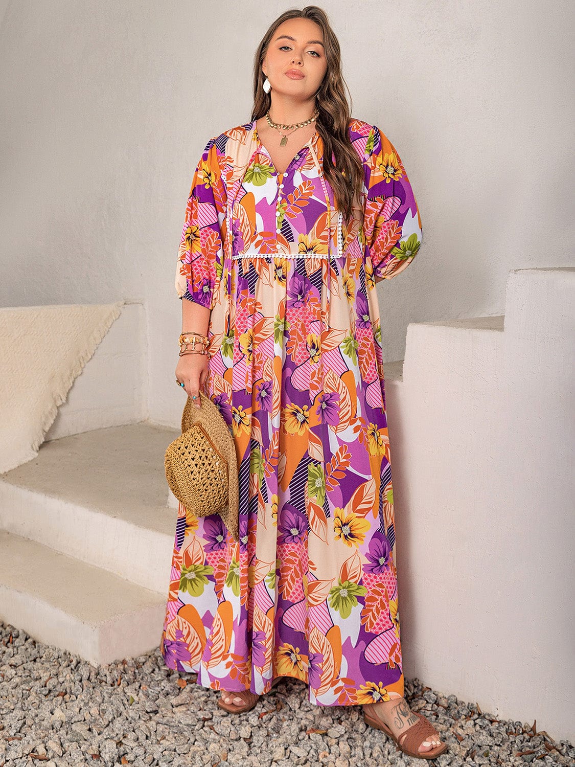 Plus Size Printed Tie Neck Maxi Dress - Trendsi