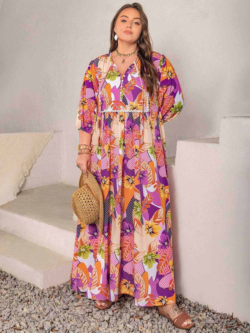 Plus Size Printed Tie Neck Maxi Dress - Trendsi - Flyclothing LLC