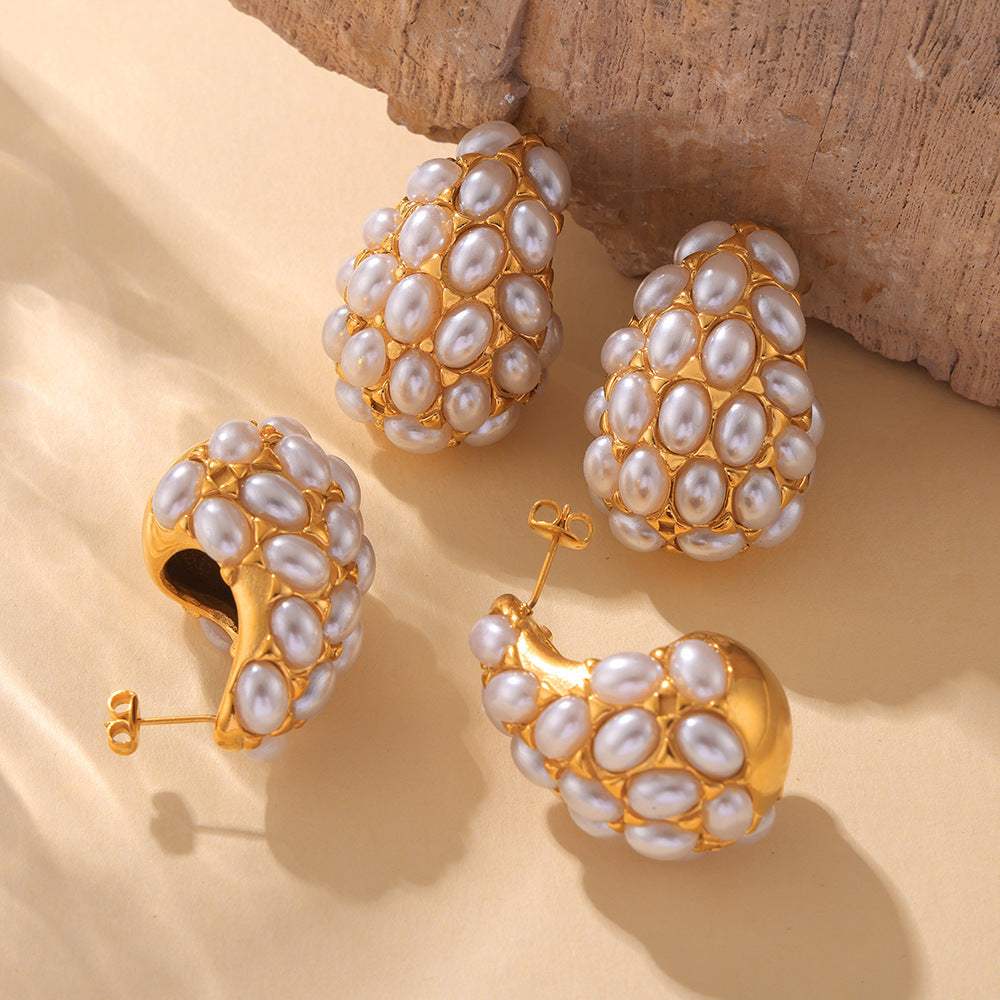 Titanium Steel Inlaid Imitation Pearl Earrings - Trendsi - Flyclothing LLC