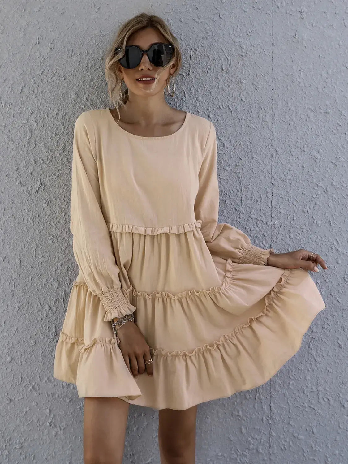 Frill Tiered Long Sleeve Mini Dress - Trendsi - Flyclothing LLC