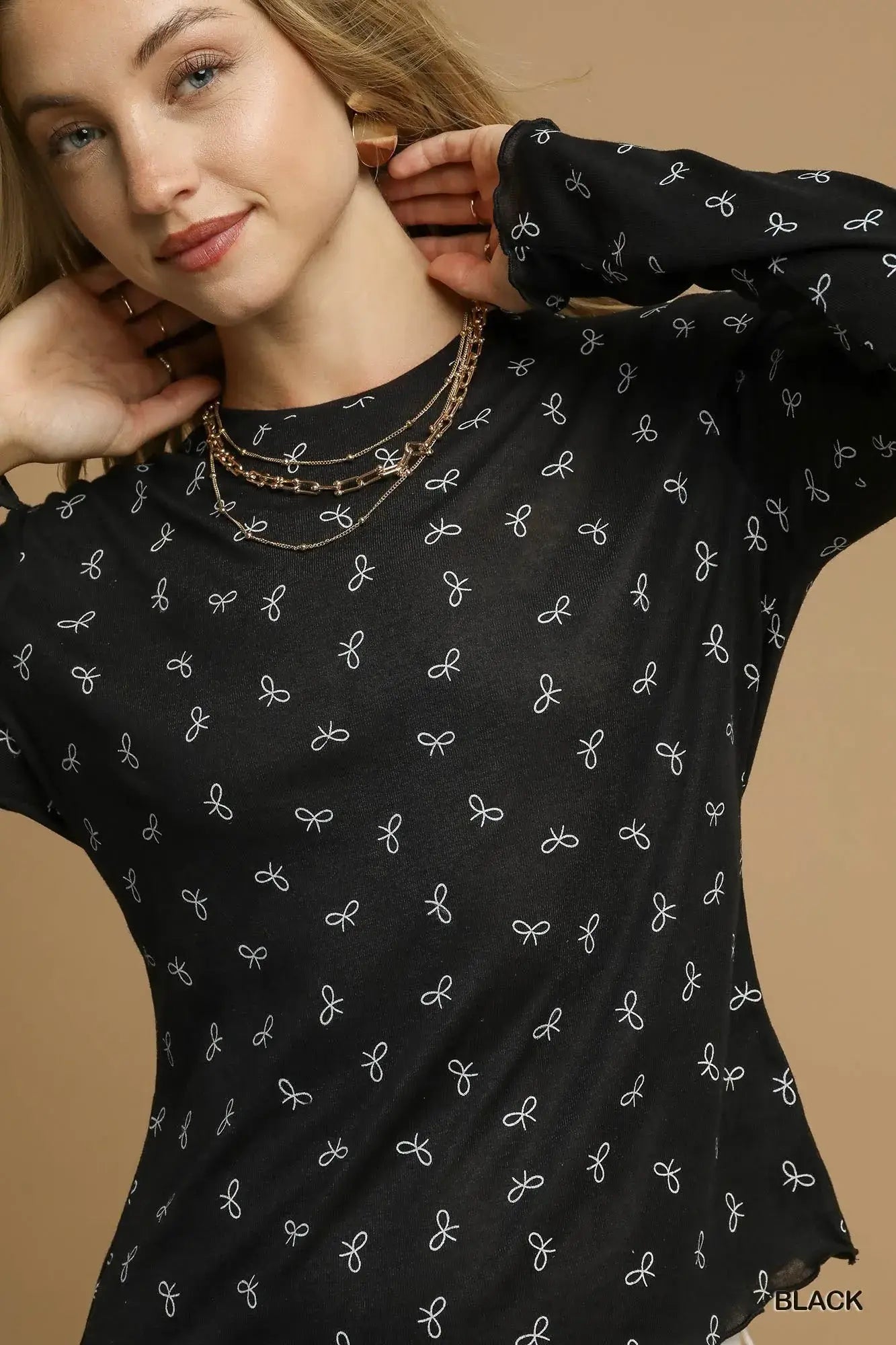 Umgee Bow Print Lightweight Knit Top - Trendsi - Flyclothing LLC
