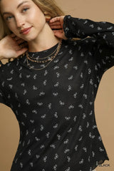 Umgee Bow Print Lightweight Knit Top - Trendsi - Flyclothing LLC