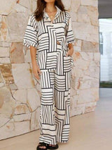 Button Down Half Sleeve Top and Pants Set - Trendsi - Flyclothing LLC