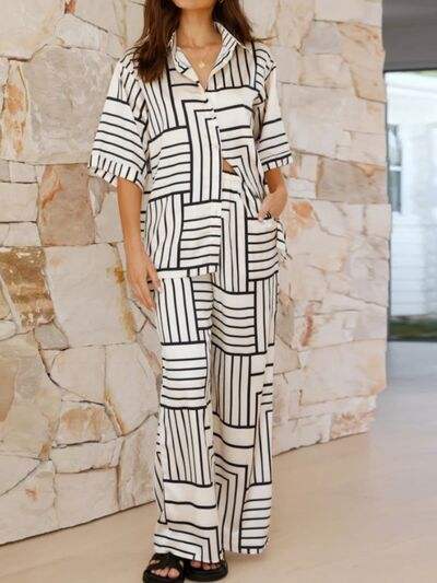 Button Down Half Sleeve Top and Pants Set - Trendsi - Flyclothing LLC