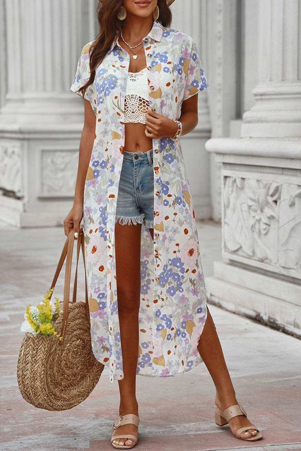 Printed Open Front Short Sleeve Cover-Up - Trendsi - Flyclothing LLC