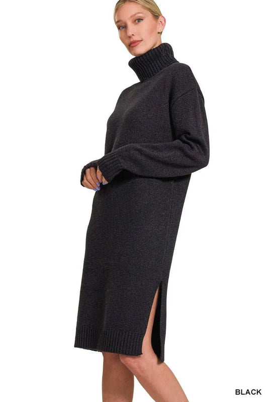 Zenana Turtle Neck Long Sleeve Midi Sweater Dress - Trendsi - Flyclothing LLC