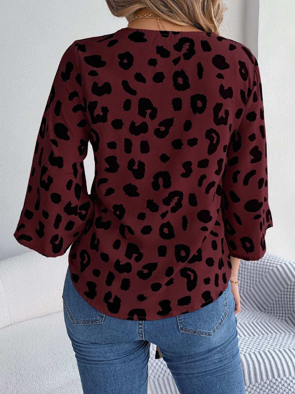 Tied Button Up Leopard V-Neck Blouse - Trendsi - Flyclothing LLC