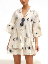 Printed Collared Neck Three-Quarter Sleeve Mini Dress - Trendsi - Flyclothing LLC